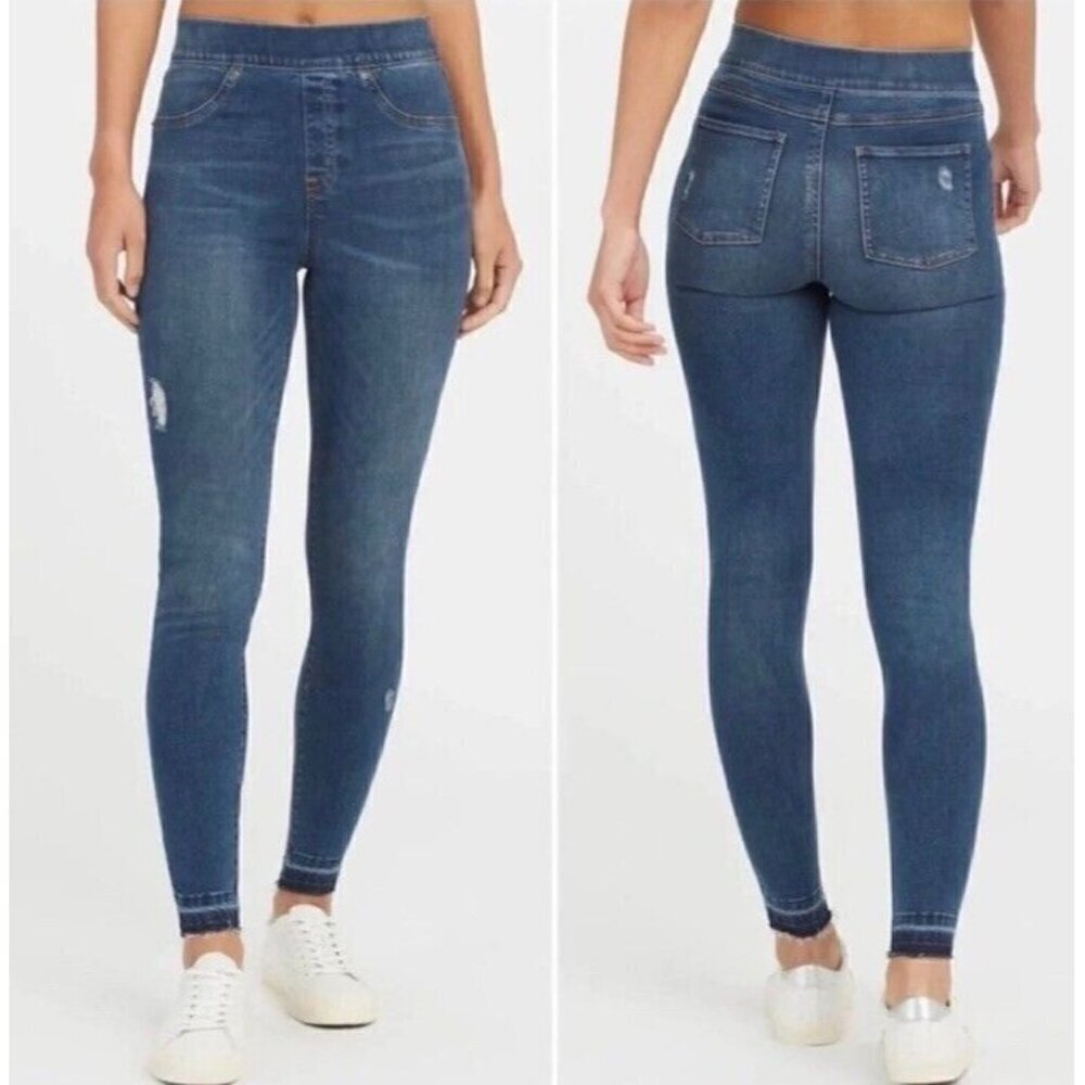 Spanx Womens  Sz M Denim Pull On High Rise Distressed Skinny Ankle Raw Hem Jeans